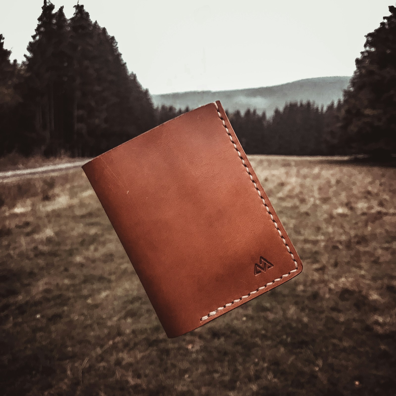 Warm brown leather bifold wallet outdoors